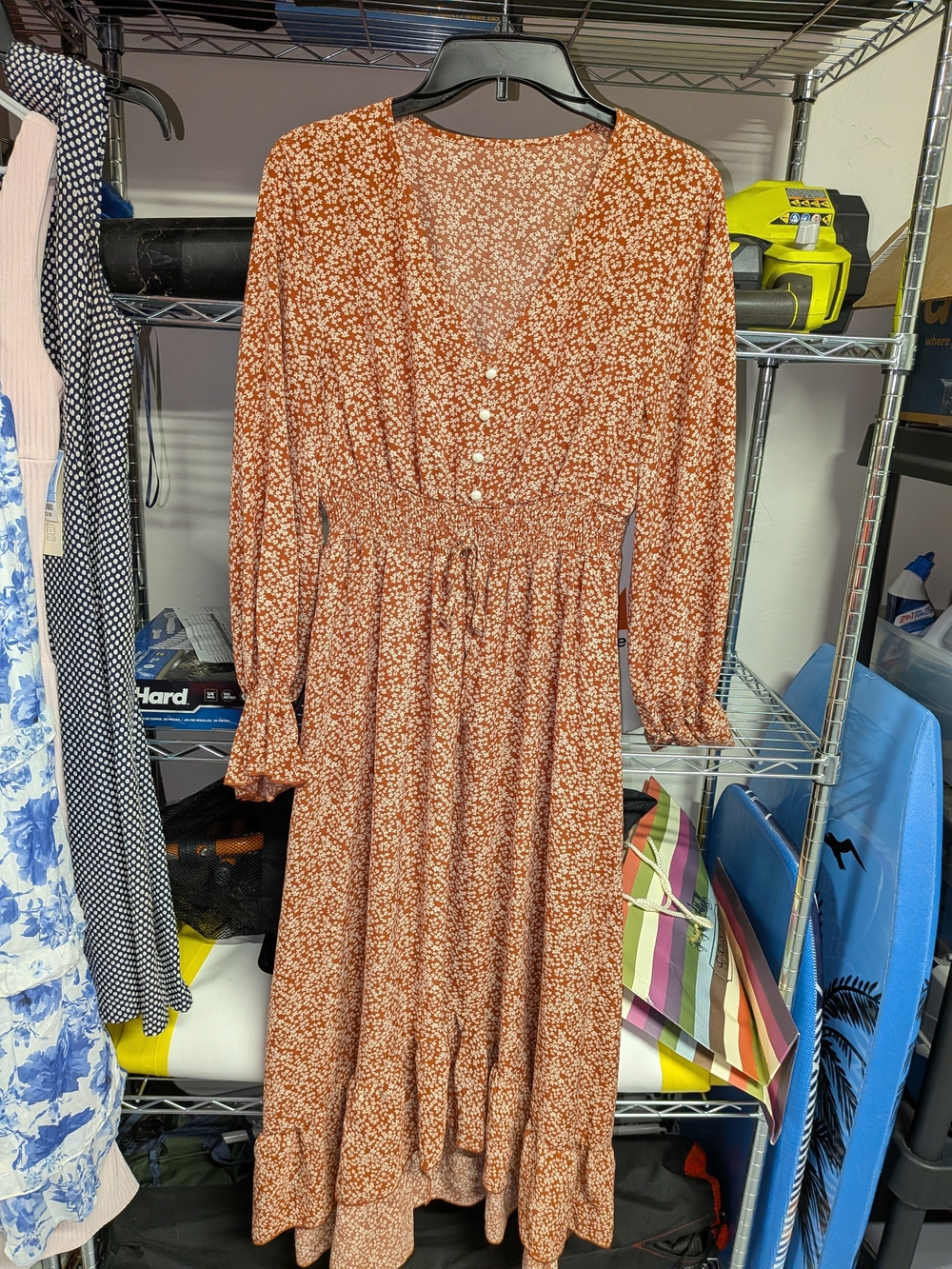 Women's Rust Floral Long-Sleeve Midi Dress with Tie Waist